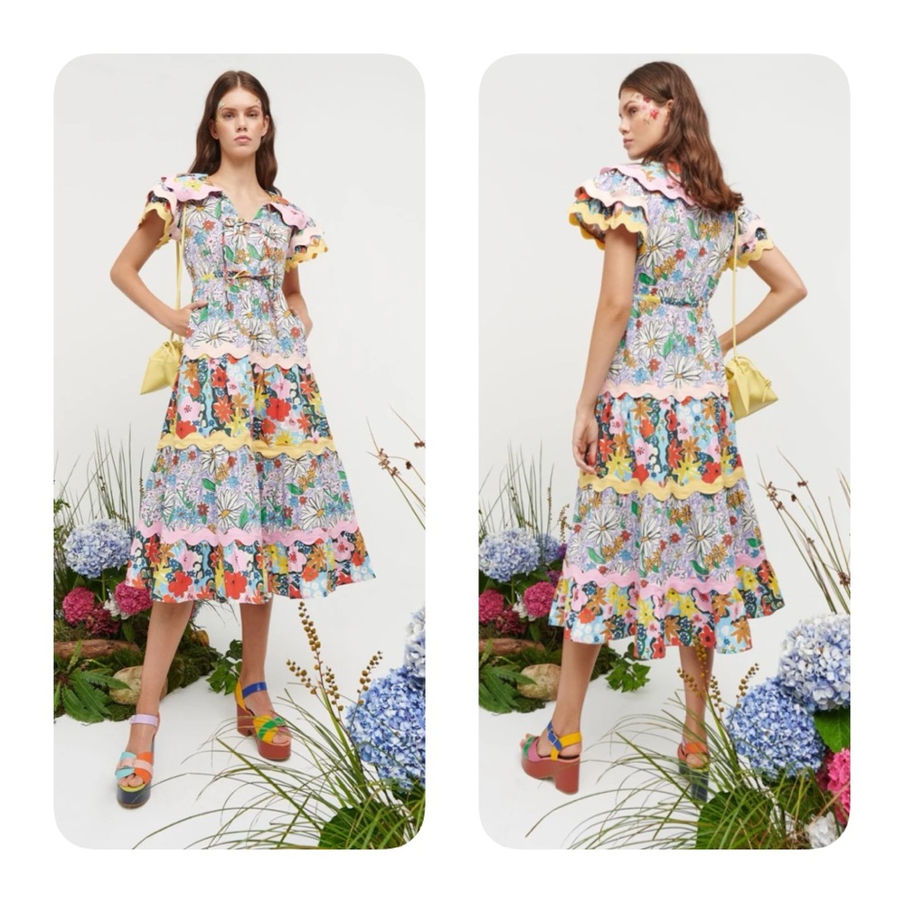 Celia B Olav Dress Floral Colorful Ric Rac Midi $400 Large
